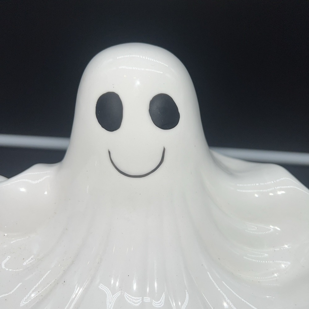 Vintage Ceramic Halloween Ghost Candy Trinket Dish Smiling White 8" Boo Party - Picture 2 of 5